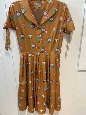 Lindy Bop Mustard Yellow Floral & Hedgehog Print Dress